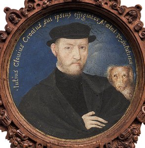 Zelfportret met hond, 1528 door Giulio Clovio