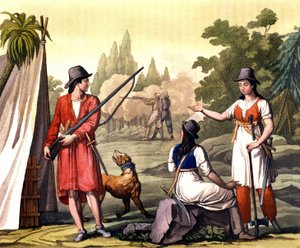 Boeven en vrouwen flibustier: de piraat Jack Rackham, beter bekend als Calico Jack, afgebeeld met Anne Bonny en Mary Read in de West-Indië. Plaat uit 