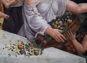 Een mand met fruit en bloemen (detail) door Giulio Romano