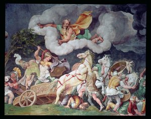 Achilles die het lichaam van Hector rond zijn strijdwagen sleept, detail van het plafond van de Sala di Troia, ca. 1538 door Giulio Romano