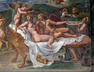 Cupido en Psyche met hun dochter Voluptas (Pleasure) liggend op bed, detail van Bruiloftsfeest of Banket van goden, fresco door Giulio Romano (1499-1546), Palazzo Te, Mantua (UNESCO Werelderfgoedlijst, 2008), Lombardije, Italië