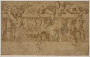 Vier gevleugelde putti die een balustrade versieren met slingers