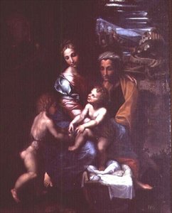 Madonna en Kind met St. Anna en St. Johannes de Doper door Giulio Romano
