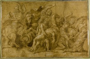 Menelaos houdt het lichaam van Patroklos vast door Giulio Romano
