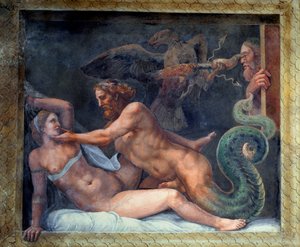 Olympia wordt verleid door Jupiter, wiens bliksemschicht wordt gegrepen door een adelaar die het oog van de jaloerse koning van Macedonië doorboort, uit de Sala di Amore e Psiche, 1528