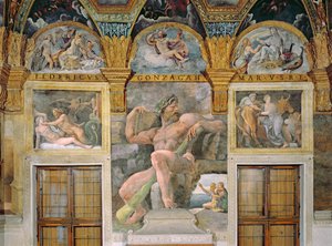 Olympia verleid door Jupiter, Polyphemus bewaakt Acis en Galatea, Pasiphae betreedt de koe gebouwd door Daedalus, uit de Sala di Amore e Psiche