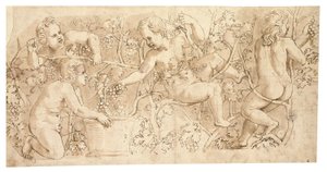 Putti die druiven plukken: Ontwerp voor een fries door Giulio Romano