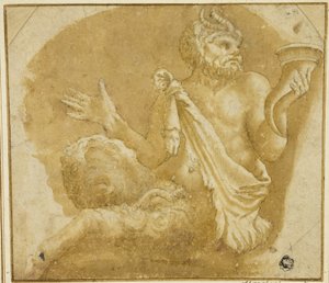Zittende faun met hoorn des overvloeds (recto); schets van boom en huis (verso)