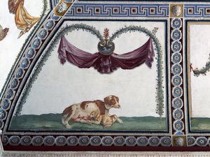 De Camera con Fregio di Amorini detail van een hond en een puppy (detail)