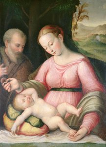 De Heilige Familie in een bergachtig landschap