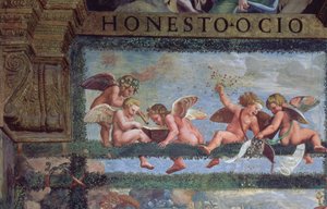 Het rustieke banket, detail van putti die muziek maken, uit de Sala di Amore e Psiche (detail)