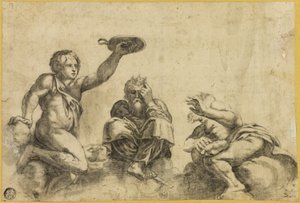 Tijd gezeten op wolken, geflankeerd door twee andere engelen door Giulio Romano