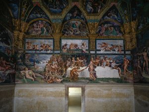 Bruiloftsfeest of banket van goden, fresco door Giulio Romano, westmuur van de Kamer van Cupido en Psyche, Palazzo Te, Mantua, Lombardije, Italië door Giulio Romano