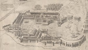 Speculum Romanae Magnificentiae: Vogelvlucht van de haven van Rome door Giulio de Musi