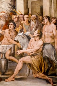 Numa Pompilius stelt de cultus van de Vestaalse maagden in (detail) door Giuseppe Cesari