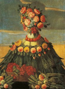 Italië, Florence, De Lente, mand met kersen en bloemen