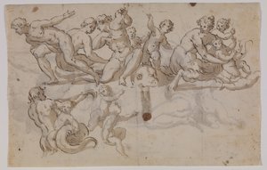 Zeepaardjes, tritons en putti rijdend op dolfijnen door Giuseppe Alabardi