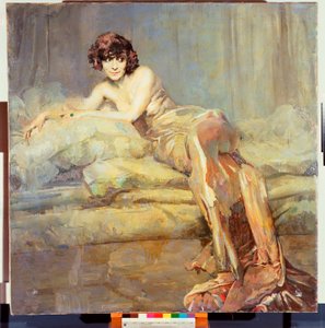 Portret van vrouw in grijs of Maria Melato door Giuseppe Amisani