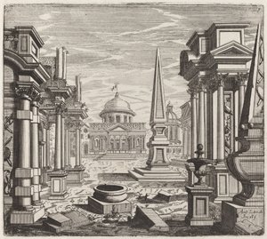 Architectonische fantasie met obelisken, ruïnes en een piazza