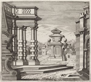Architectonische fantasie met poorten en monumenten