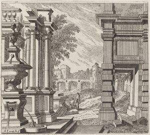 Architectonische Fantasie met een Fontein, Klassieke Ruïnes en een Brug