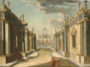 Architectonische fantasie met de dochters van Minyas uit Ovidius