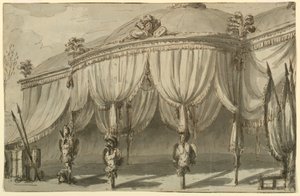 Toneelontwerp, een paviljoen met oorlogstrofeeën door Giuseppe Barberi