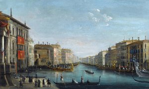Uitzicht op het Canal Grande vanaf het Palazzo Balbi richting de Rialtobrug met een regatta door Giuseppe Bernardino Bison