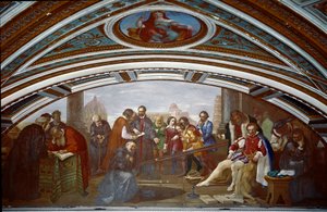 Galileo Galilei (1564-1642) demonstreert de wet betreffende val en zwaartekracht. Galilei demonstreert de ervaring met een hellend vlak tijdens een openbare lezing in Pisa.