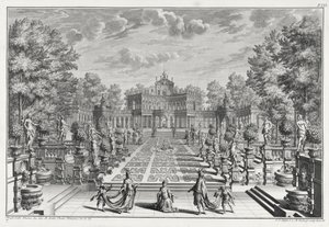 Decor voor een opera in een tuin, uit Architectus Theatralis Primarius, gegraveerd door Johann Andreas Pfeffel (1674-1748), gepubliceerd 1740 door Giuseppe Bibiena