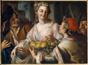 Carnaval. Feestscène in Venetië, een jongeman biedt een fruitschaal aan een jonge vrouw die een appel pakt, omringd door personages waaronder een met een grotesk masker van de commedia dell