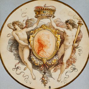 Een Ovaal Portret van een Vrouw in Profiel met een Decoratieve Rand van Grotesken en Festoenen, met Aanliggende Allegorische Figuren van Roem en Overwinning die een Kroon Vasthouden