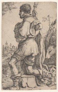 Sint Rochus, knielend op een steen, gezien vanaf de zijkant met zijn hond achter hem door Giuseppe Caletti