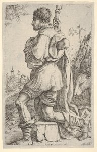 Sint Rochus, knielend op een steen, gezien vanaf de zijkant met zijn hond achter hem en een stad door Giuseppe Caletti