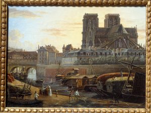 De Saint Charles-brug, het hotel dieu, de archeveche en Notre Dame gezien vanaf de Quai de la Tournelle in Parijs door Giuseppe Canella