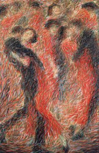 Tango, vrouw in rood gekleed dansend, fantasie van dansend paar