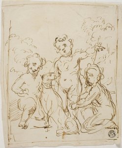 Drie Putti en hond in een landschap door Giuseppe Diamantini
