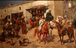Ruiters voor een tweedehandswinkel. door Giuseppe Gabani