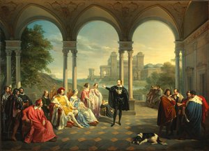 Torquato Tasso leest La Gerusalemme Liberata aan het Hof van Ferrara, 1841 door Giuseppe Mancinelli