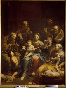 De Heilige Familie. De Maagd en het Christuskind staan centraal in het schilderij, omringd door Jozef, de Heilige Elisabeth en de jonge Johannes de Doper. Schilderij van Giuseppe Maria Crespi (1665-1747) door Giuseppe Maria Crespi