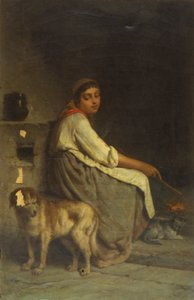 Vrouw met hond en kat bij open haard door Giuseppe Mazza