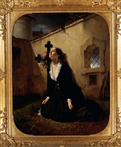 Rouwend om verlies van geliefde of vrouw van Kolonel Manara bij graf van haar man door Giuseppe Molteni