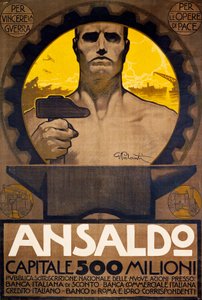 Werker met hamer en aambeeld, poster van Ansaldo van Genua voor de inschrijving van nieuwe aandelen