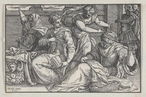 Lucretia die haar dochters lesgeeft in handwerken, 1557 door Giuseppe Porta