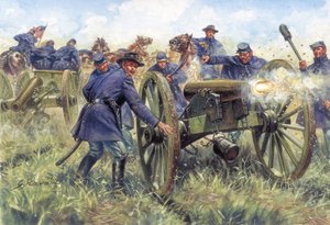 Amerikaanse Burgeroorlog: Soldaten van het Noorden (Unie) gebruiken een geweer tijdens een gevecht - Illustratie door Giuseppe Rava