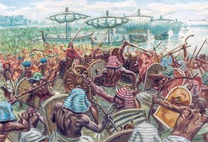 Oud Egypte: de Slag bij de Delta was een zeeslag tussen Egypte en de Zeevolken, circa 1175 v.Chr. toen de Egyptische farao Ramses III een grote zee-invasie afweerde (Illustratie door Giuseppe Rava) door Giuseppe Rava