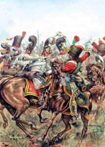 Slag bij Austerlitz op 2/12/1805, slag tussen de soldaten van het Grote Leger en de Russen en Oostenrijkers - Slag bij Austerlitz, 2 december 1805, tussen het leger van Napoleon I tegen Russische en Oostenrijkse legers - Illustratie door Giuseppe Rava