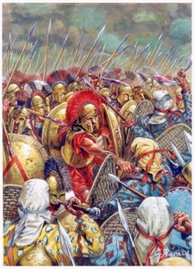 Slag bij de Thermopylen: Het Spartaanse leger onder bevel van Leonidas I vecht samen met de Grieken tegen de Perzen in 480 v.Chr. (Illustratie door Giusep)