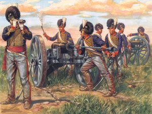Eerste Keizerrijk: Engelse artilleriesoldaten die een kanon laden tijdens de Slag bij Waterloo in 1815 - Illustratie door Giuseppe Rava door Giuseppe Rava