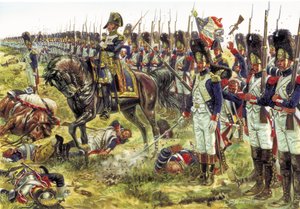 Eerste Keizerrijk: de Slag bij Aspern-Essling in mei 1809 tussen de keizerlijke Franse troepen en het Oostenrijkse leger - Illustratie door Giuseppe Rava